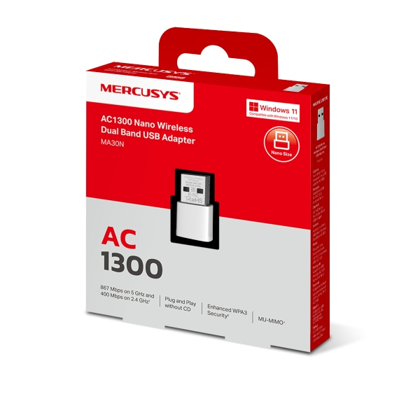 Adaptador USB WiFi MERCUSYS 867Mbps AC1300 Dual Band NANO MA30N