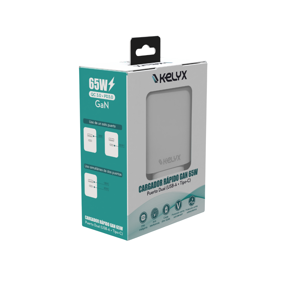 Cargador 220v 65W a USB - C y A H Blanco (Carga Rapida) KELYX