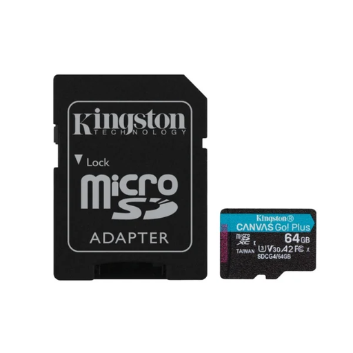Tarjeta de Memoria MICROSD  64Gb KINGSTON c/Adap Canvas GO! Plus Gen4 (4K Camara-Drones)